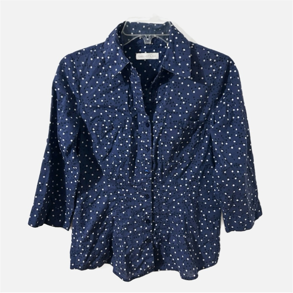 Coldwater Creek Polka Dot Blouse Pointed Collar Button Front Adjust 3/4 Sleeves